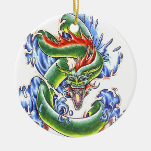 Rond En Céramique Ornement vert frais de style de tatouage de dragon