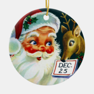 Rond En Céramique Ornement vintage de Noël du père noël et de ren