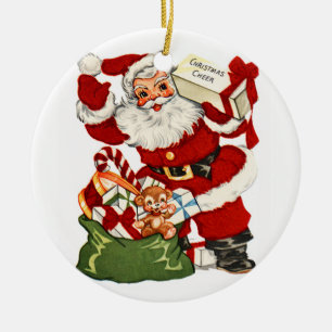 Rond En Céramique Père Noël avec boîte de Noël Cheer Ornement Vintag