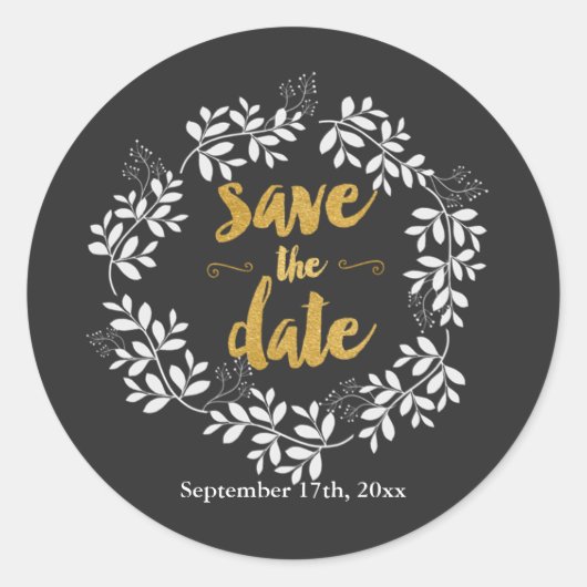 Rond ENREGISTRER LA DATE Moderne Feuille Wreath Sticker (Devant)