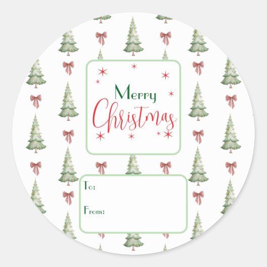 Rond Festive Red Green Script Tree Bow To From Sticker (Devant)