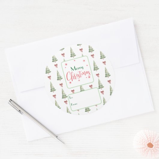 Rond Festive Red Green Script Tree Bow To From Sticker (Enveloppe)