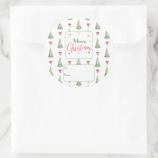 Rond Festive Red Green Script Tree Bow To From Sticker (Sac)