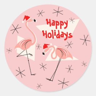 Rond Flamant rose Santas Pink Happy Holidays sticker ro