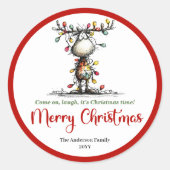 Rond Funny quirky reindeer sticker with Christmas light (Devant)