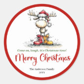 Rond Funny reindeer sticker whimsical red green cartoon (Devant)