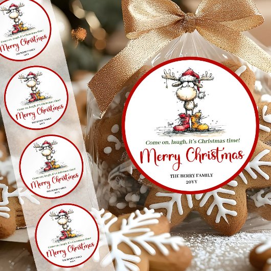 Rond Funny reindeer sticker whimsical red green cartoon
