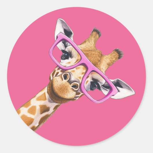 Rond Giraffe with Pink Glasses Cute Animal Sticker (Devant)