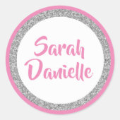 Rond Glittery Dark Rose et Silver Nom Favoriser Sticker (Devant)
