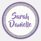 Rond Glittery Purple et Silver Nom Favoriser Sticker (Devant)