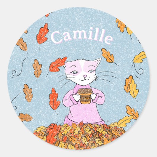 Rond Graceful Cat Fall Kid Sticker with Name (Devant)