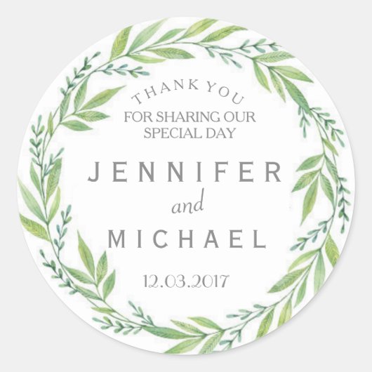 Rond Grille verte et blanche merci Sticker mariage (Devant)