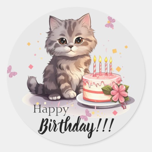 Rond Happy Anniversaire Sticker avec chaton mignon et g (Devant)