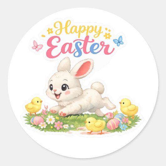 Rond Happy Easter Bunny Sticker – Cute Spring Design wi (Devant)