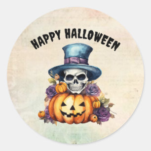 Rond Happy Halloween Squelette et Sticker Citrouille