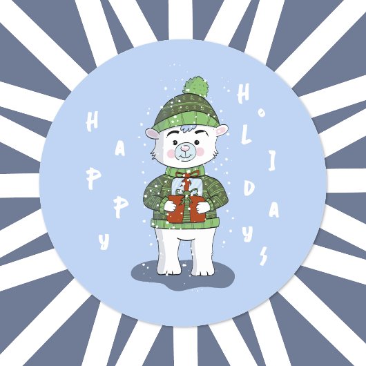 Rond Happy Holidays Polar Bear Bleu Sticker