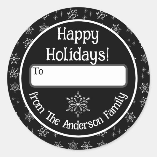 Rond Happy Holidays Sticker noir avec Snowflakes (Devant)