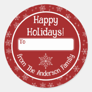 Rond Happy Holidays Sticker rouge avec Snowflakes