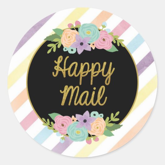 Rond Happy Mail Sticker - pastel rainbow strips or (Devant)
