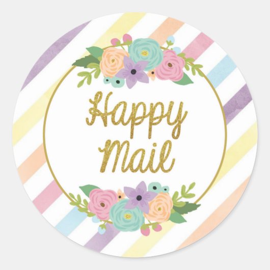Rond Happy Mail Sticker - pastel rainbow strips or (Devant)
