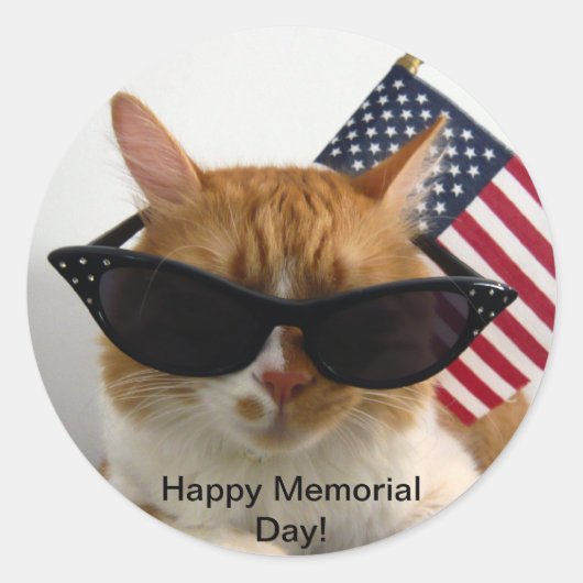Rond Happy Memorial Day Cool Chat avec Sticker Drapeau (Devant)