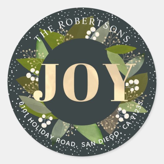 Rond JOY Green Foliages Navy Blue Address Sticker (Devant)