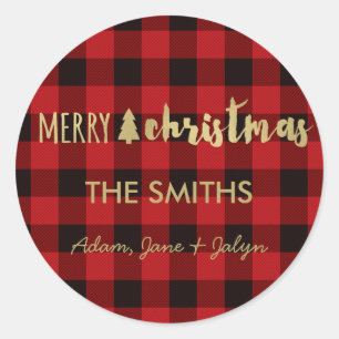 Rond Joyeux Sticker de Noël Buffalo Check et or