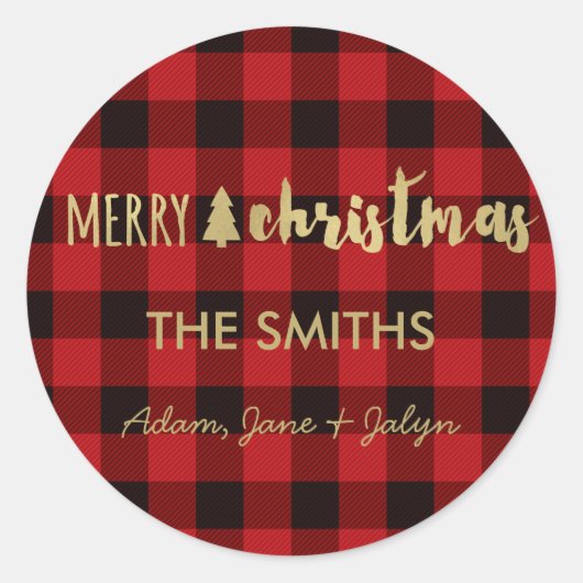 Rond Joyeux Sticker de Noël Buffalo Check et or (Devant)