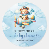 Rond Joyful Boy Shower Pilot Bear Blue Party Sticker (Devant)