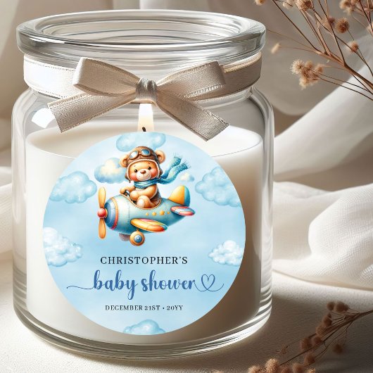Rond Joyful Boy Shower Pilot Bear Blue Party Sticker