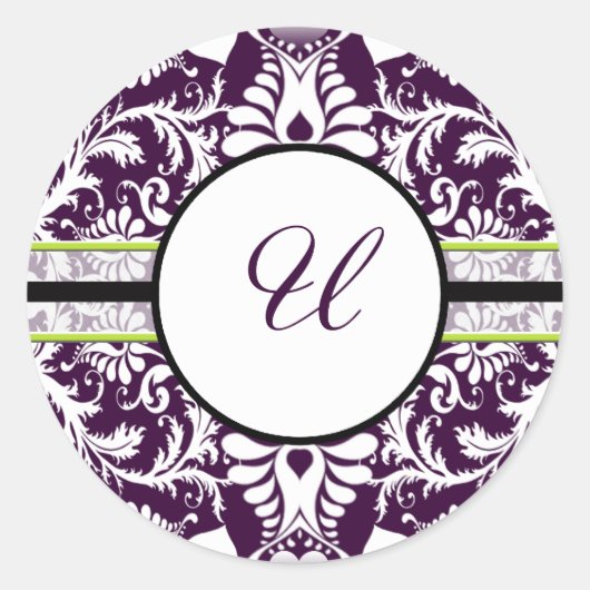 Rond LETTRE Sticker initiale pourpre Damask U Mariage (Devant)