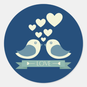 Rond Lovebirds and Hearts Blue Love Sticker / Seal
