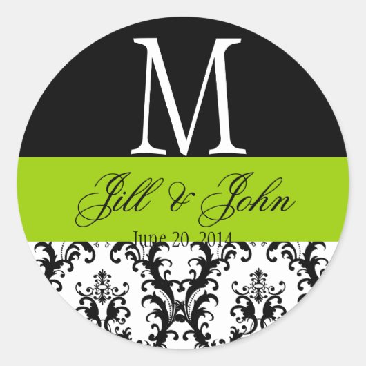 Rond Mariage vert Apple Monogramme Date Damask Sticker (Devant)