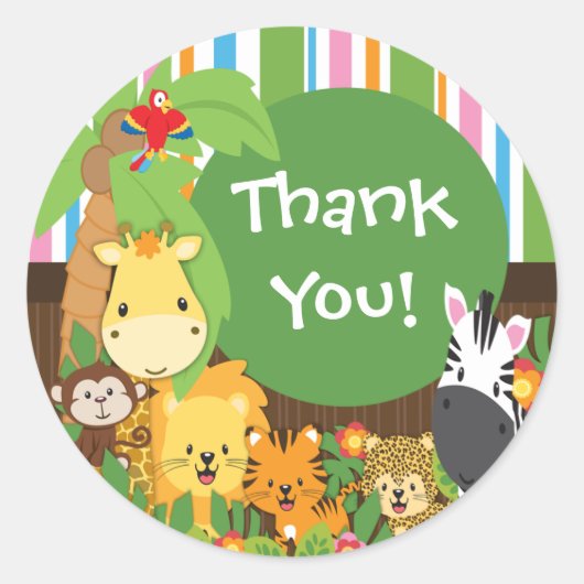 Rond Merci Jungle Safari Bébé Animaux Sticker (Devant)