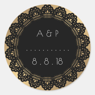 Rond Merci mariage Favor Sticker Or Black Lace