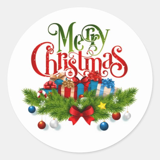 Rond Merry Christmas Sticker – Festive Gifts & Pine Gar (Devant)