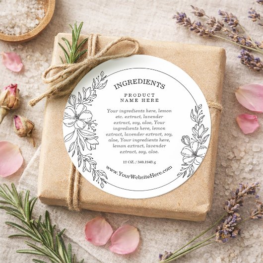 Rond Minimal Floral Black and White Ingredients Sticker