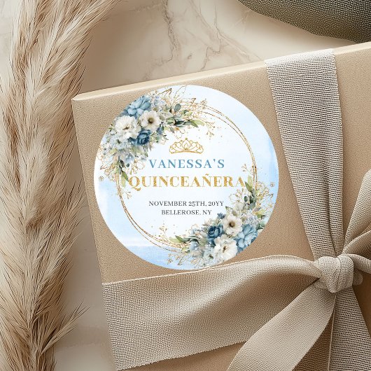 Rond Modern Quinceañera Sticker Blue Gold Greenery