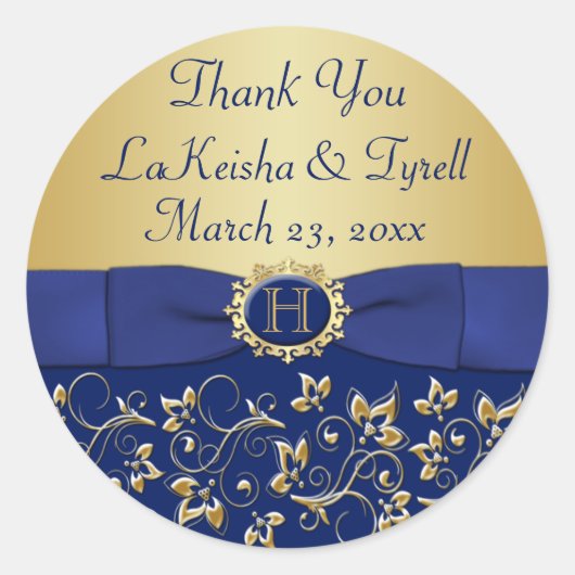 Rond Monogramme bleu, Gold Floral Wedding Favor Sticker (Devant)