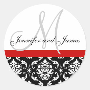 Rond Monogramme et noms Damask Red Mariage Sticker