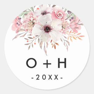 Rond Monogramme Floral Blanc Mariage Favoriser Sticker 