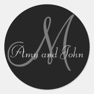 Rond Monogramme Mariage Faveur Sticker Noir