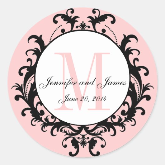 Rond Monogramme Mariage rose chic Noms Date Sticker (Devant)