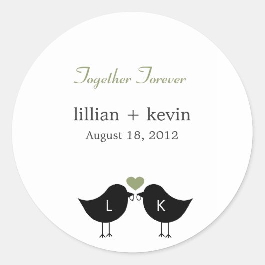 Rond Monogramme Oiseaux Mariage Faveur Sticker - Sage (Devant)
