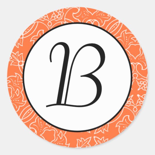 Rond Motif de Damas orange Monogramme Sticker initial (Devant)