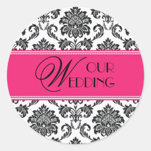 Rond Notre Sticker Mariage Fuchsia Orange Damask