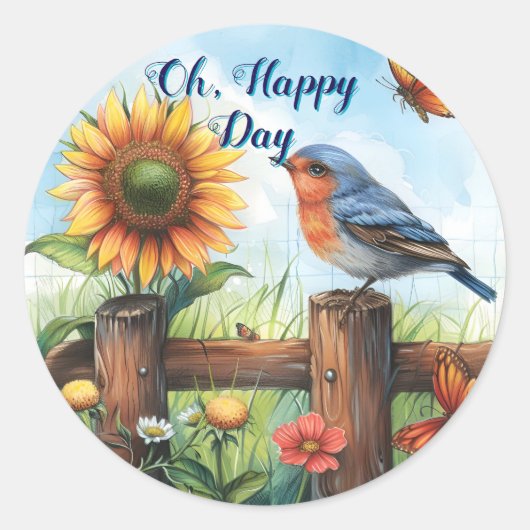 Rond Oh Happy Day Bluebird and Sunflower Sticker (Devant)