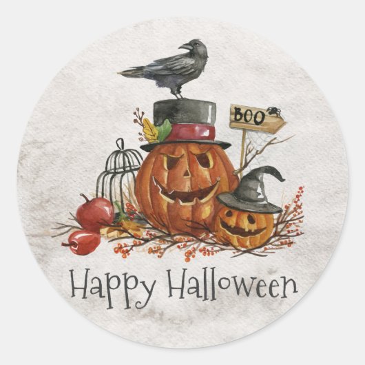 Rond Oiseau noir d'Halloween et Citrouilles | Sticker (Devant)