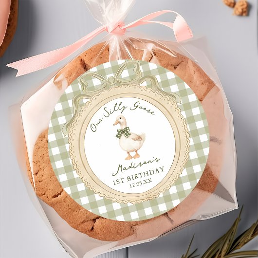 Rond One Silly Goose Bow Gingham 1st Birthday  Sticker