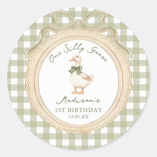 Rond One Silly Goose Bow Gingham 1st Birthday  Sticker (Devant)